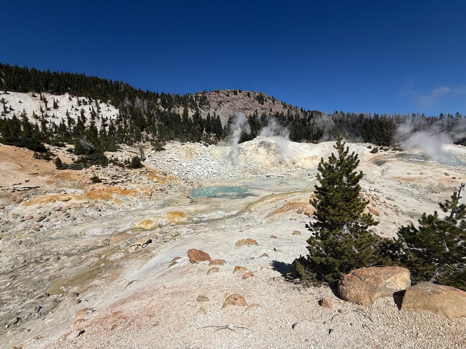 The Bumpass Hell basin, pale mineral crust streaked with sulphur, steam rising from vents around a turquoise pool